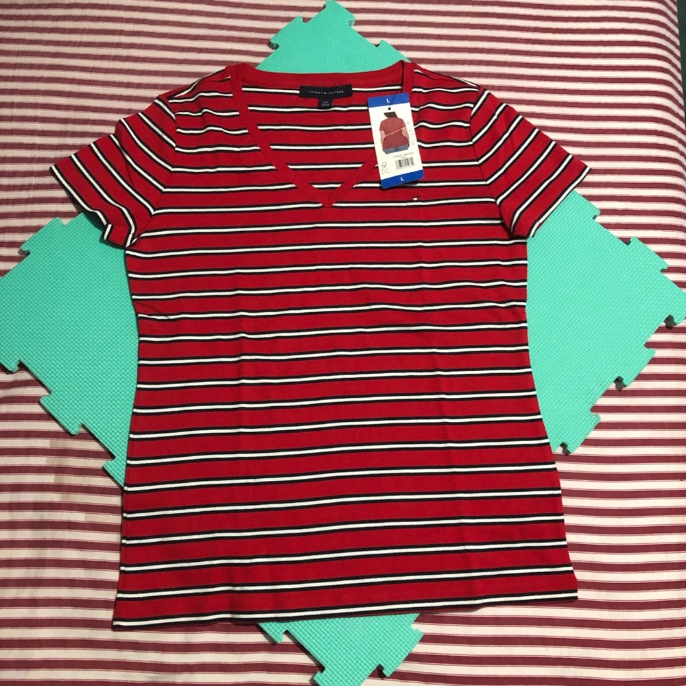 Brand New Tommy Hilfiger Red and Black Striped V-Neck Kids Tee